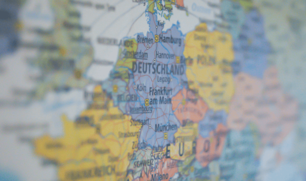 Close-up of Germany on a Europe map highlighting major cities.