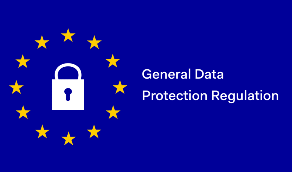 European Union GDPR symbol with lock and stars on blue background.