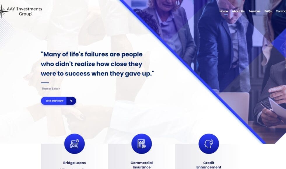 Motivational website homepage featuring a quote about failure and success with navigation icons.