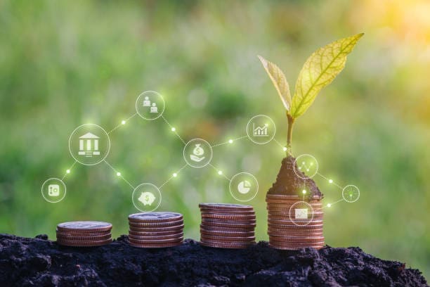 Coins stacked with a plant growing, symbolizing financial growth and investment.