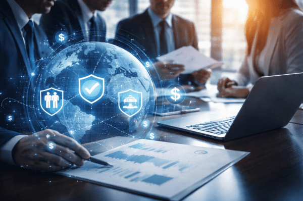 Business professionals analyzing digital security and finance data with a glowing globe graphic.