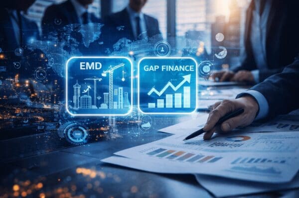 Business professionals analyzing financial growth charts with digital data overlays.