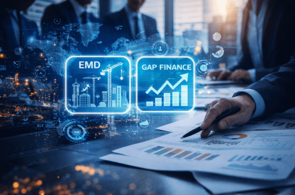 Business professionals analyzing financial growth charts with digital data overlays.