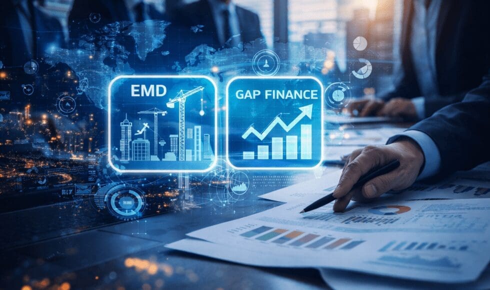 Business professionals analyzing financial growth charts with digital data overlays.